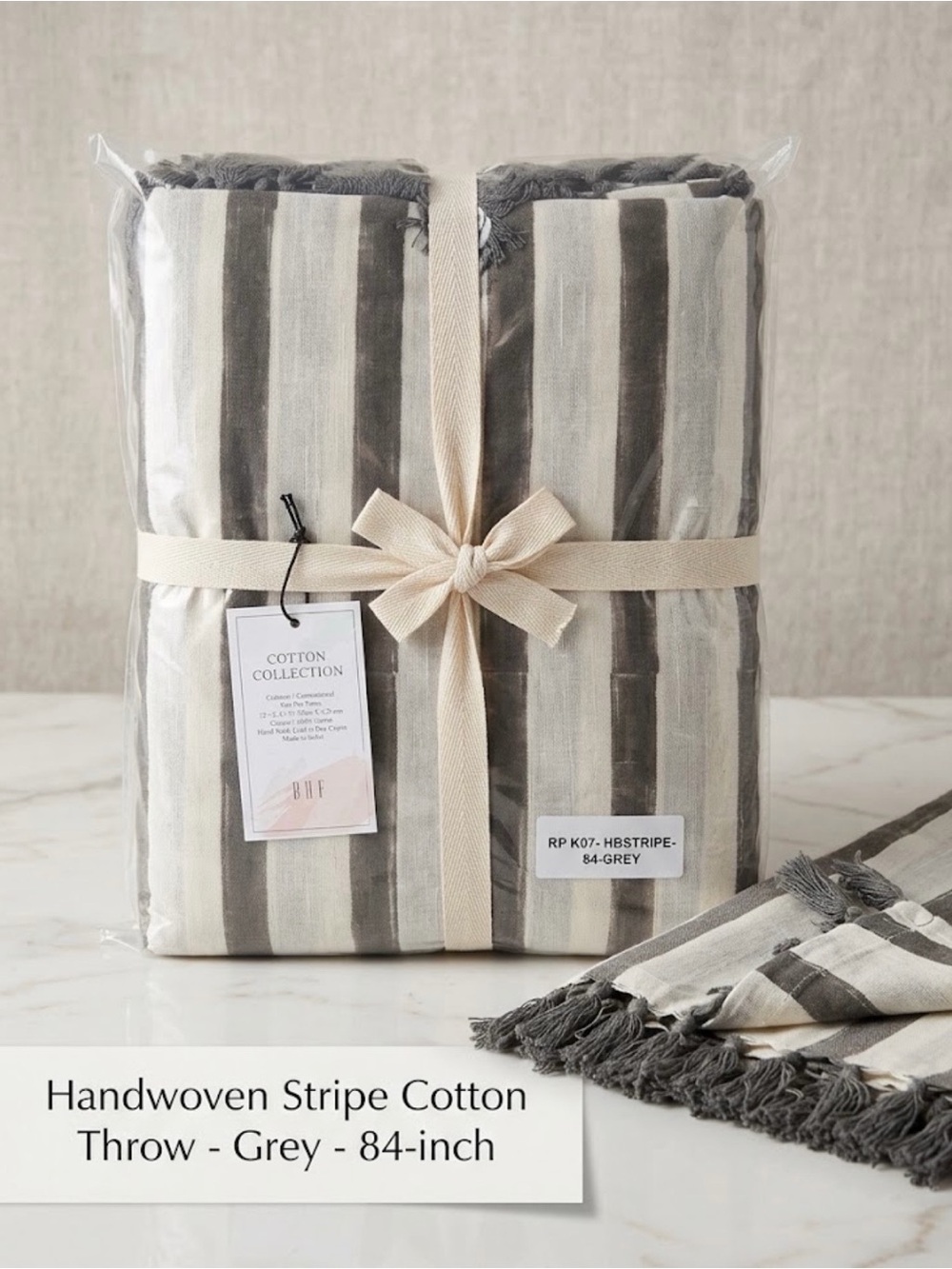 NWT BHF Handwoven Stripe Cotton Curtain Panel / Throw - Grey (52" x 84") 